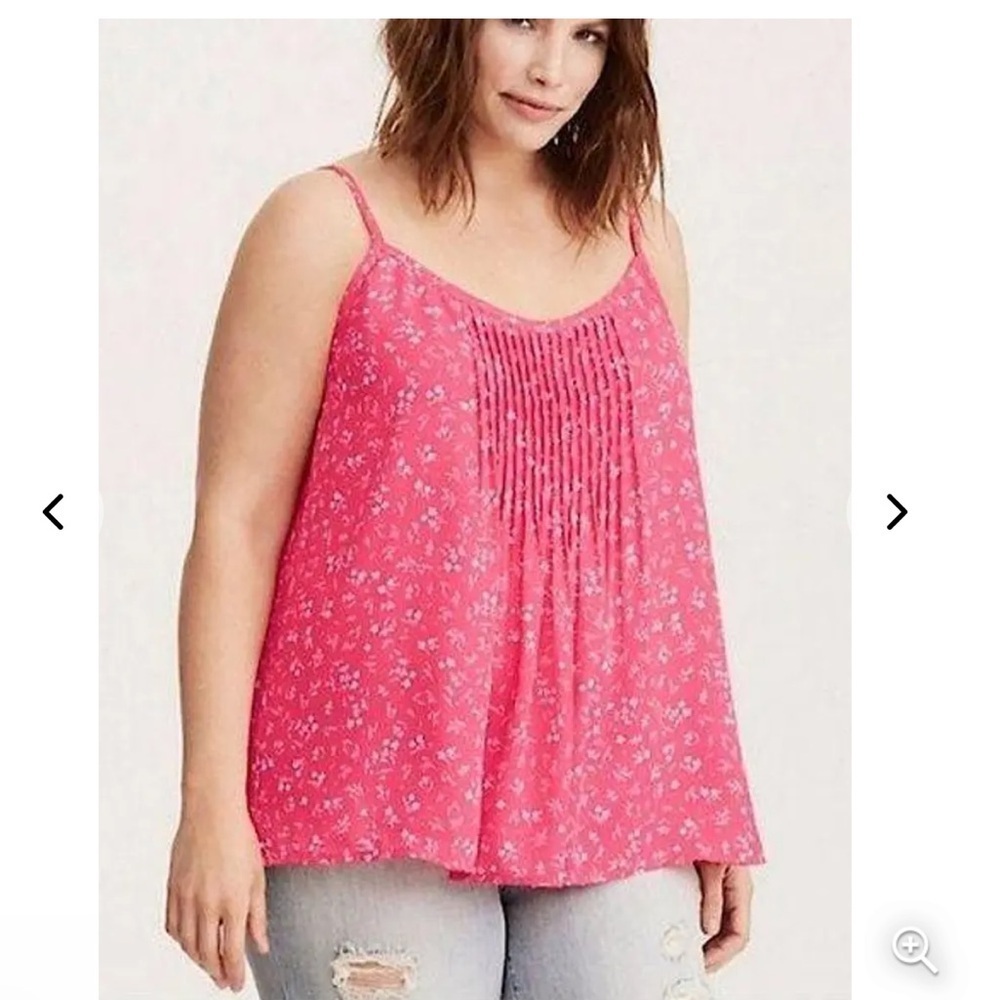 Torrid Pink Floral Pleated Chiffon Bodice Spaghetti Strap Swing Cami Top Size 2